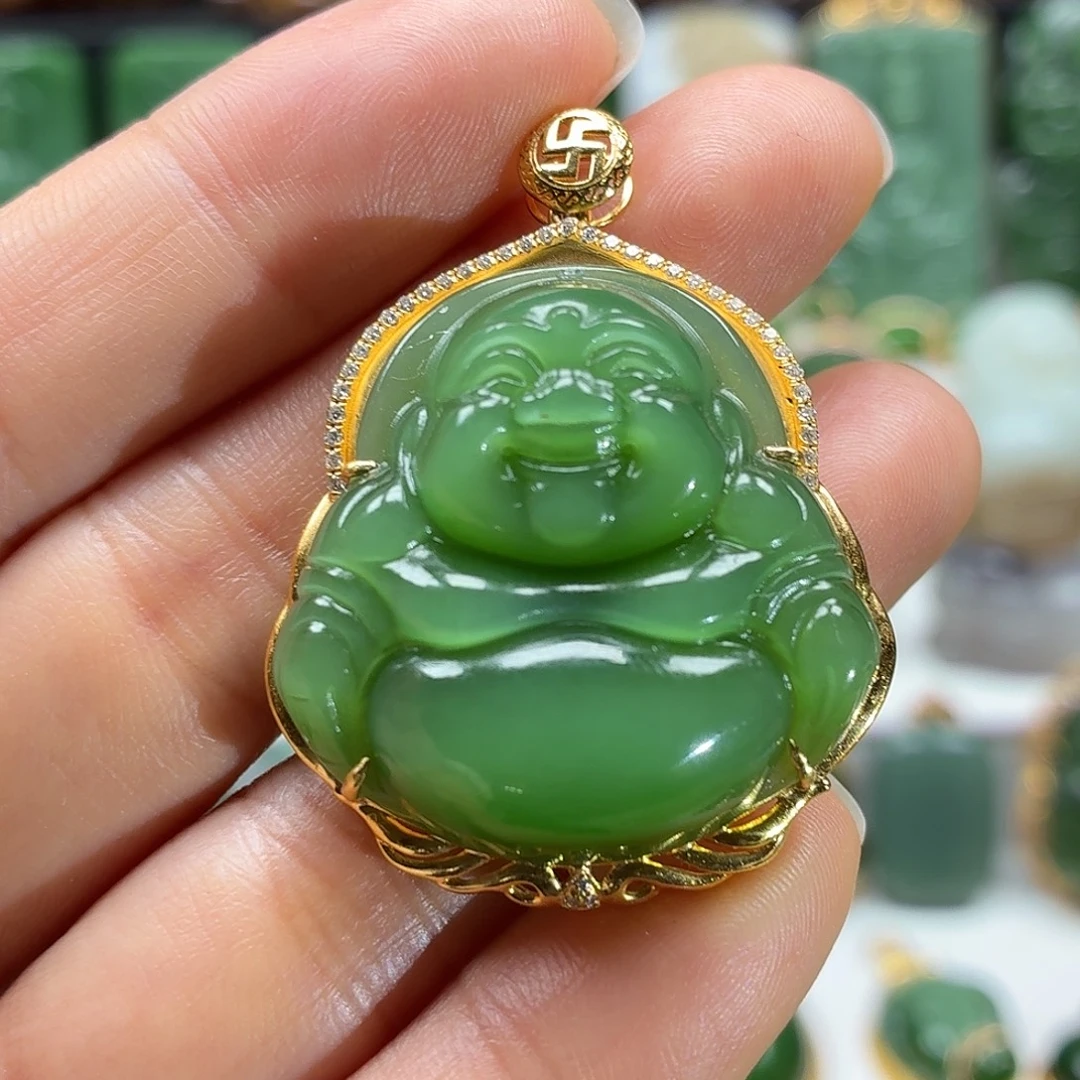 和田玉18K金镶嵌颈饰绿猫眼冰低