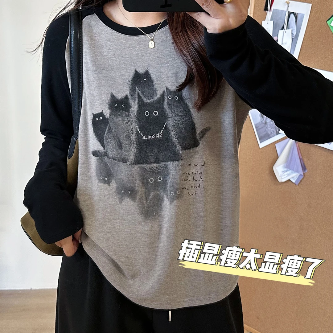 大码200斤韩系慵懒风插肩袖正肩长袖t恤女磨毛保暖遮肉显瘦打底衫