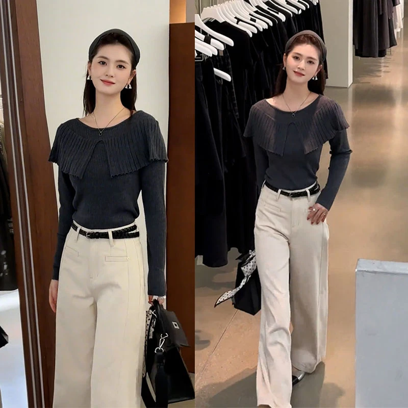 早秋时尚高级感气质网红炸街设计感大方得体针织上衣西装裤两件套