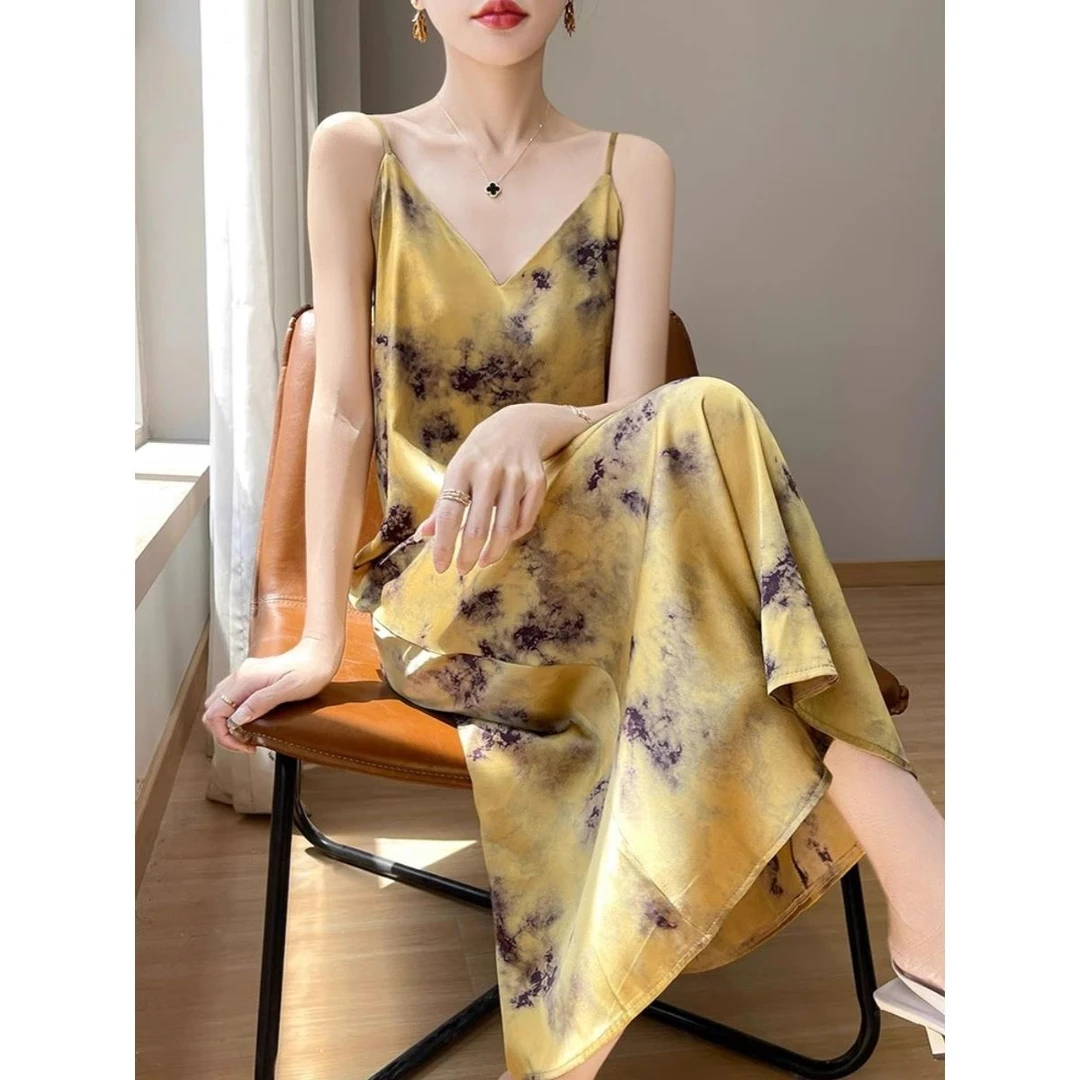 国风时尚气质水墨印花吊带连衣裙女夏季醋酸缎面垂感宽松显瘦A字