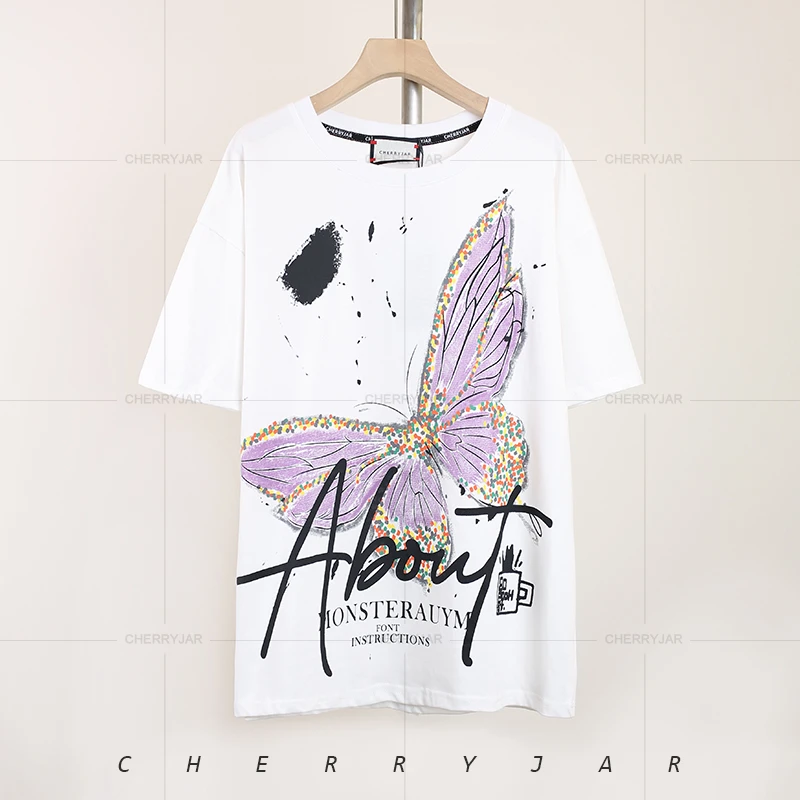 Cherryjar【25892】时尚潮流蝴蝶涂鸦印花宽松悠闲短袖T恤