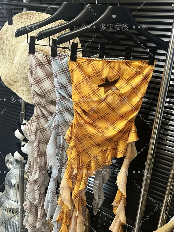 【多宝】美式星星刺绣格纹不规则辣妹抹胸背心女夏季新款1962