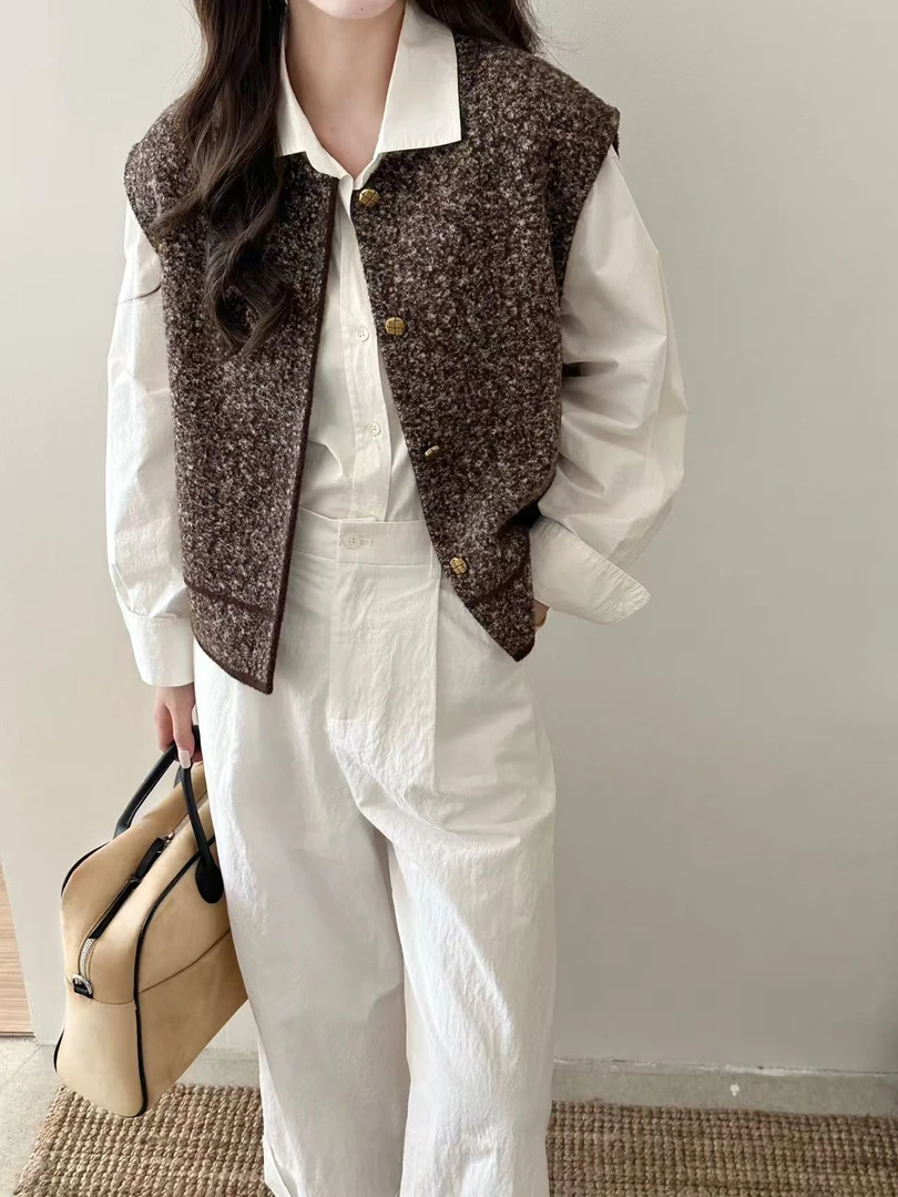 百搭简约风无袖毛衣马甲女春秋季新款宽松针织衫背心女咖色无袖