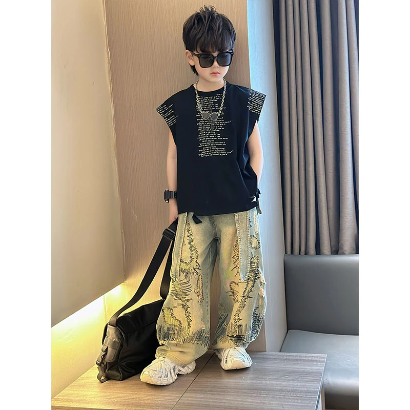 男童新款夏季美式复古时髦个性刺绣破洞牛仔裤中大童时尚百搭长裤