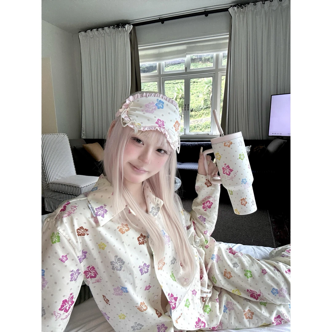 设计感彩色花朵波点睡衣女春秋新款气质长袖长裤家居服套装可外穿