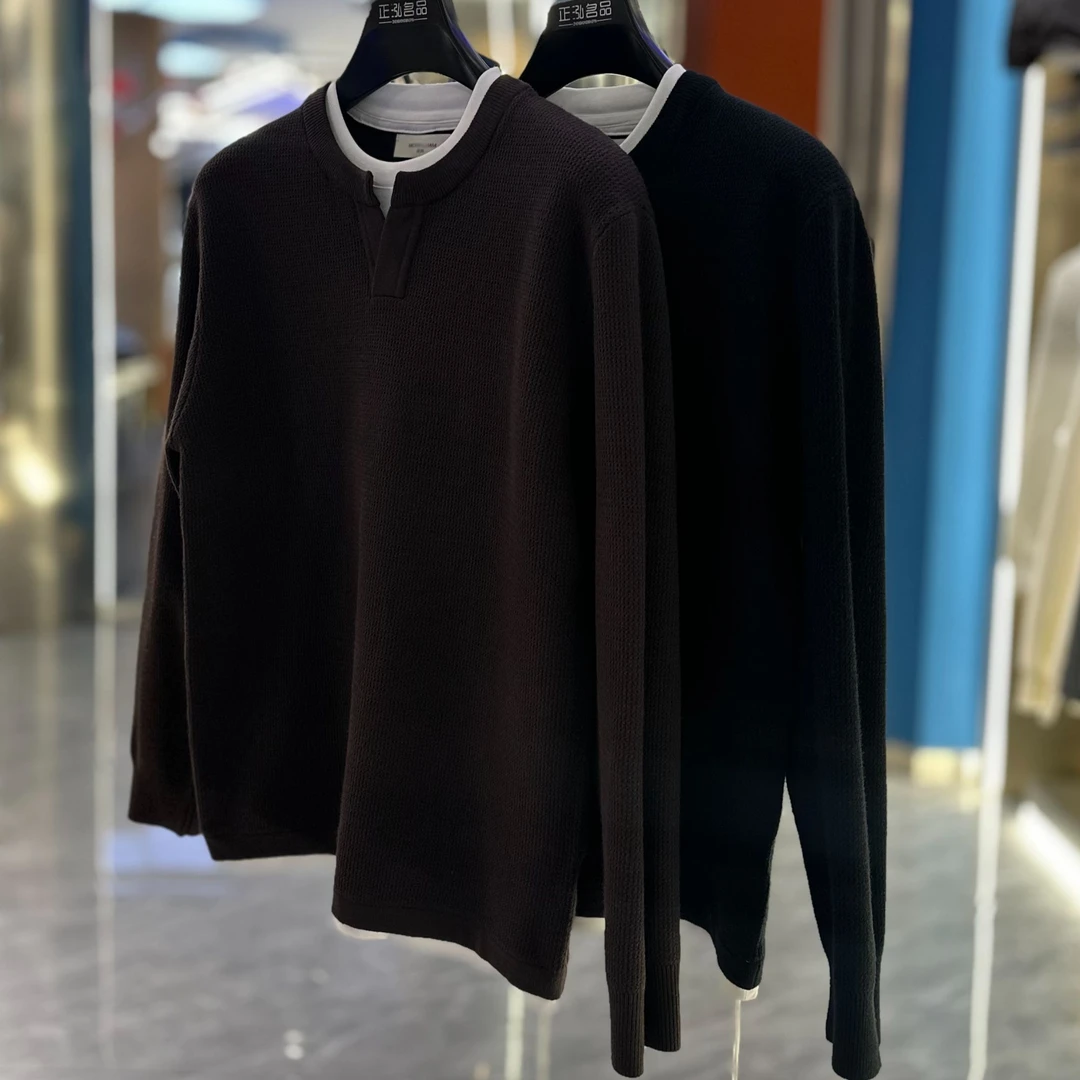 2025年新款毛衣针织衫长袖韩系男款短款假两件圆领针织长袖
