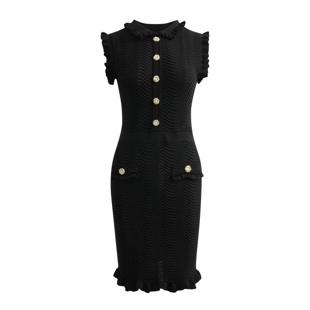 小香风新款夏季无袖波浪纹法式木耳边娃娃领鱼尾针织背心连衣裙女