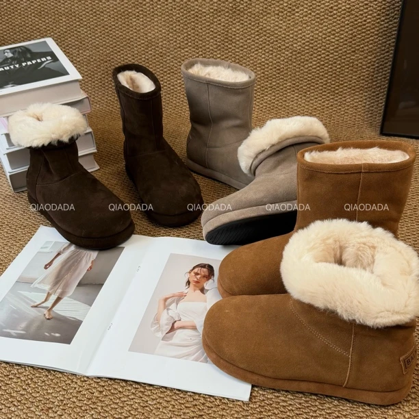 QIAODADA｜【一鞋两穿】磨砂复古加绒两穿中筒显瘦雪地靴｜3cm