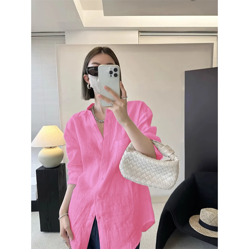 法式白色亚麻长袖衬衫夏季薄款宽松老钱风纯欲慵懒风女装棉麻衬衣