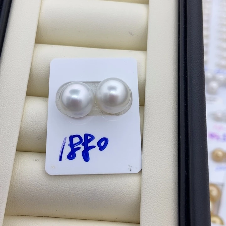 银S925镶嵌海水珍珠耳饰10.6mmm近圆蓝光极强光微瑕