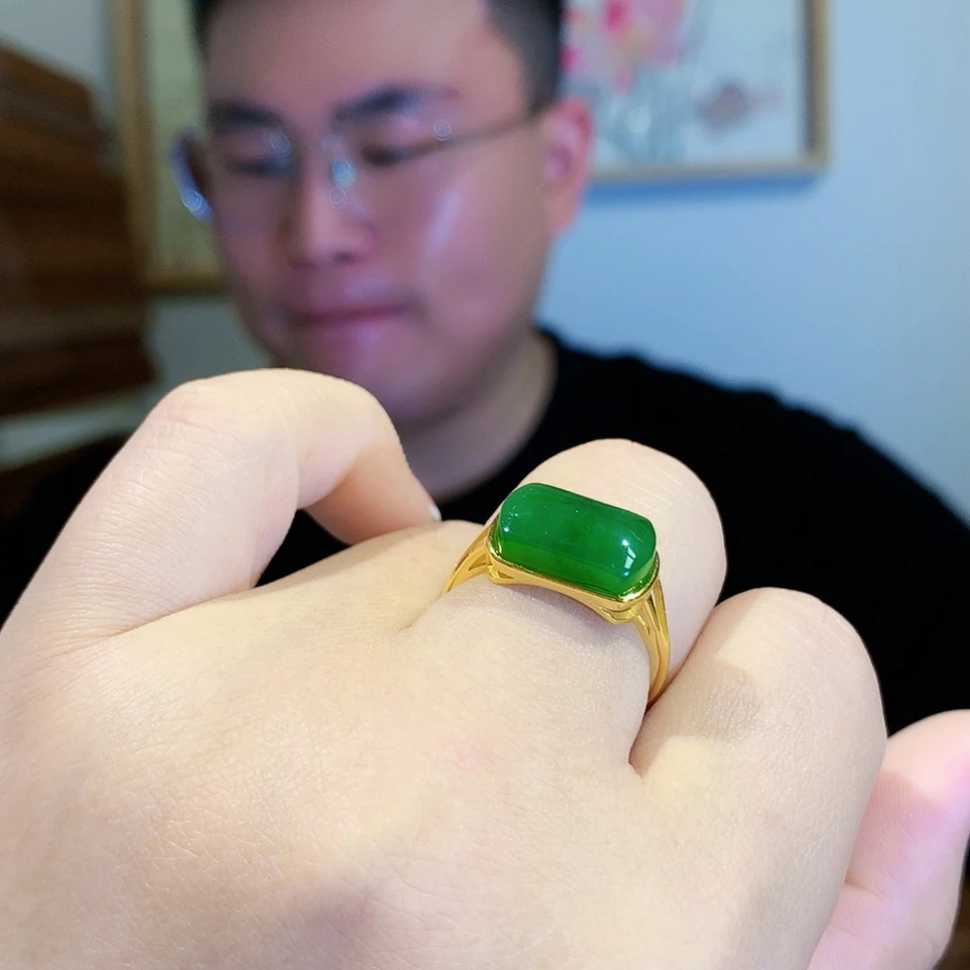 和田玉（碧玉）戒指银S925镀金镶嵌