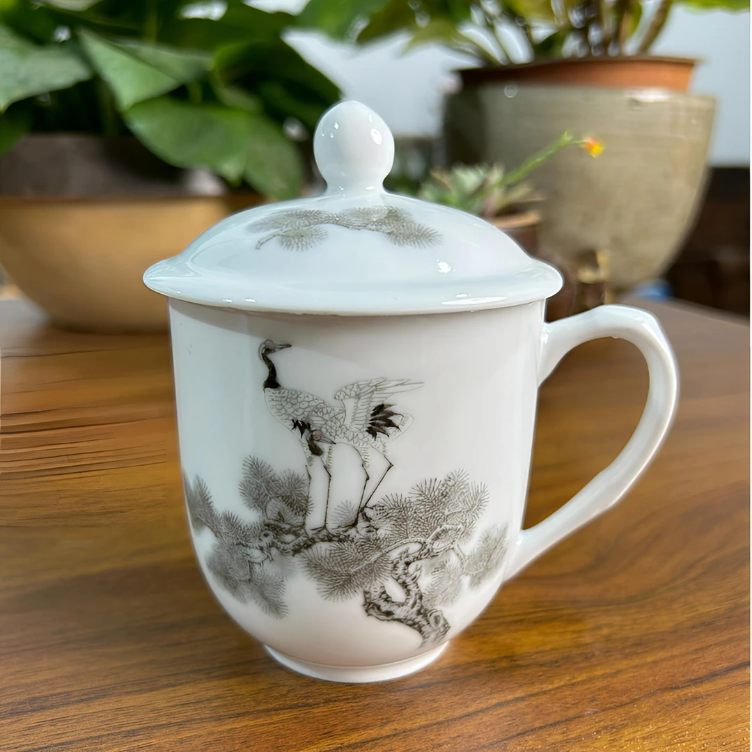 老库存醴陵群力老瓷器茶杯90年代釉下彩办公杯松鹤延年水杯老板杯