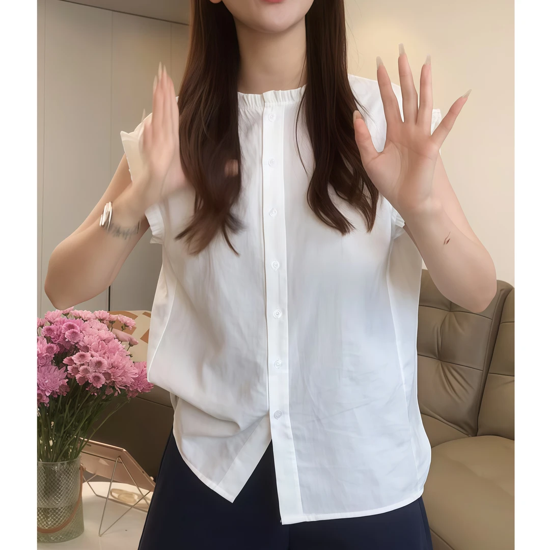 【夏日时光】夏季新款韩版纯色气质小衫2025设计感百搭女木耳边上衣