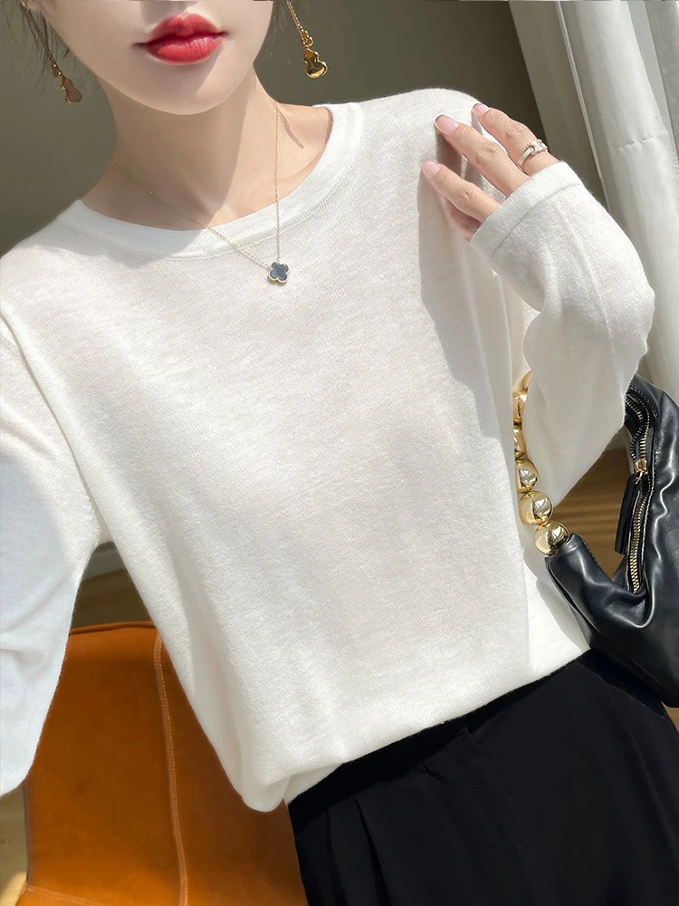 毛针织衫长袖薄款圆领打底衫针织衫显瘦春秋上衣毛衣纯色白色