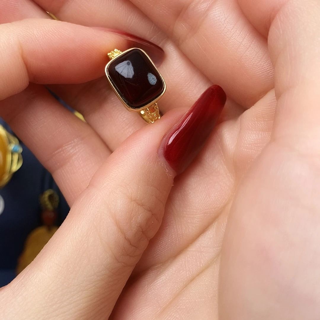 血珀银S925镀金镶嵌戒指