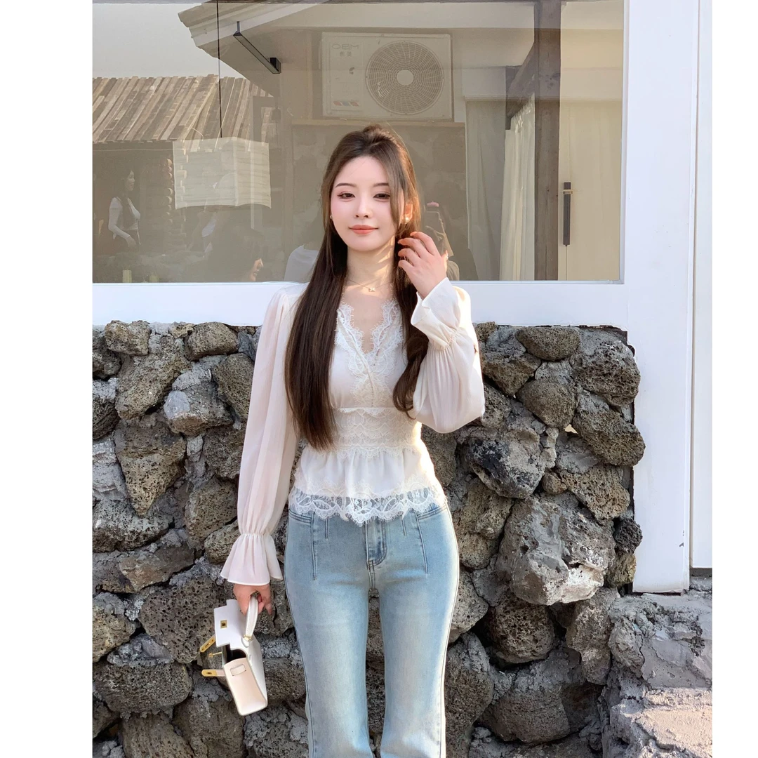 SZA【半窗落月】夏季新款韩系仙女气质显瘦蕾丝V领衬衫上衣A-1700