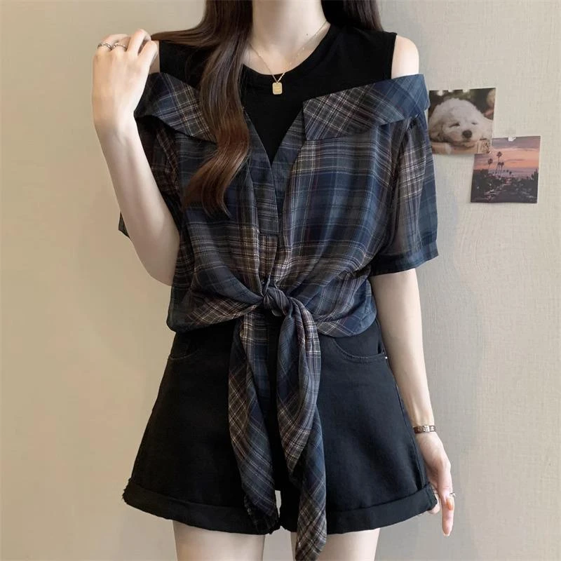 2025夏新款大码女装胖mm港风短袖格子衬衫洋气减龄假两件露肩上衣