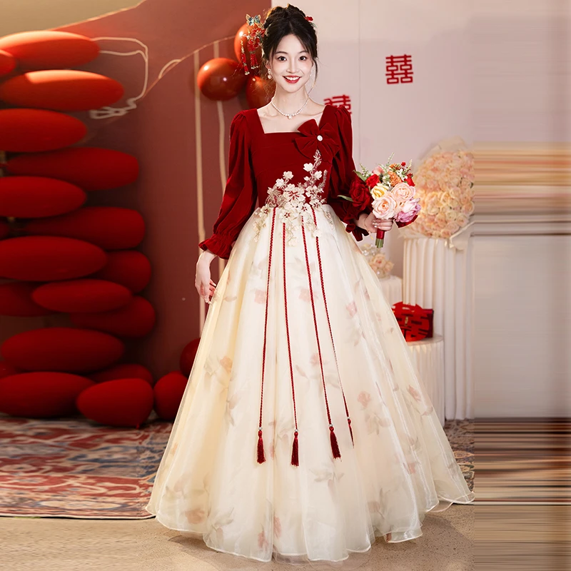 大码敬酒服女新娘中国风订婚礼服连衣裙2025新款胖mm香槟色回门服