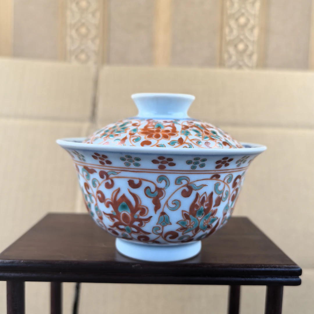 莲画堂矾红缠枝莲纯手工陶瓷高端茶器柴窑盖碗壶承套装描金花纹