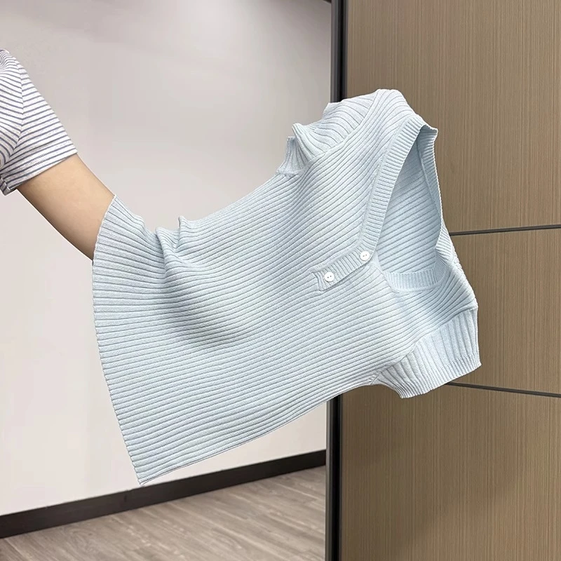 韩版纯色淡人正肩V领短袖t恤2025夏季百搭针织上衣法式小众小衫女
