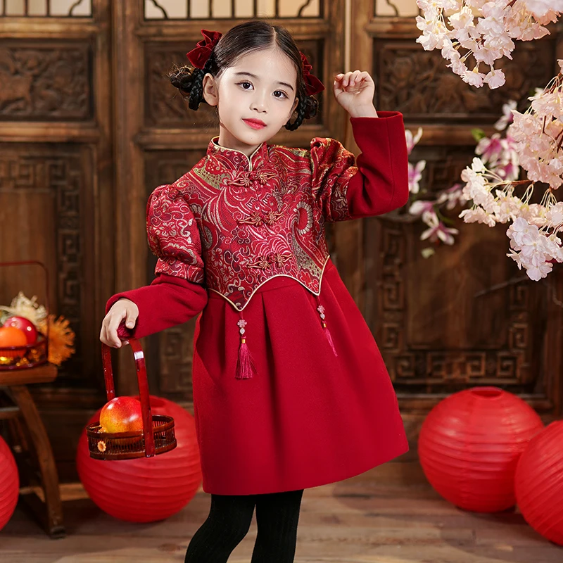 S1120女童汉服外套冬季加厚保暖新年服装喜庆唐装小女孩拜年服
