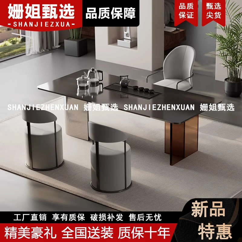 亚克力悬浮岩板茶桌办公室功夫泡茶台烧水壶一体家用阳台轻奢茶几