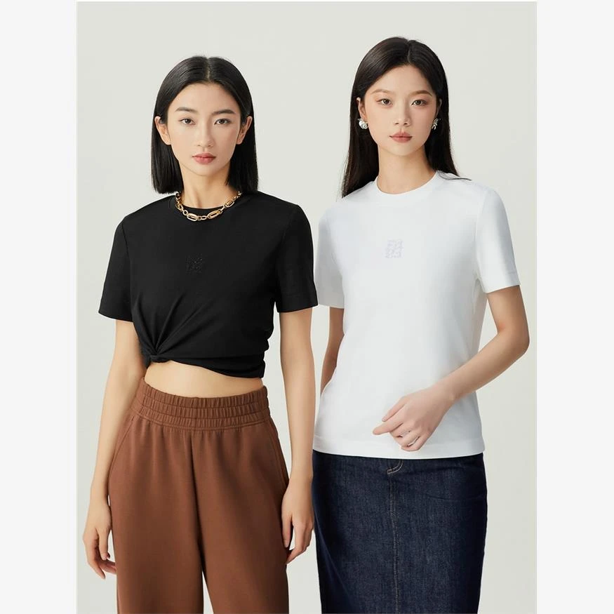 哥弟阿玛施正深呼吸经典烫钻纯色T恤简约休闲短袖上衣女A301442