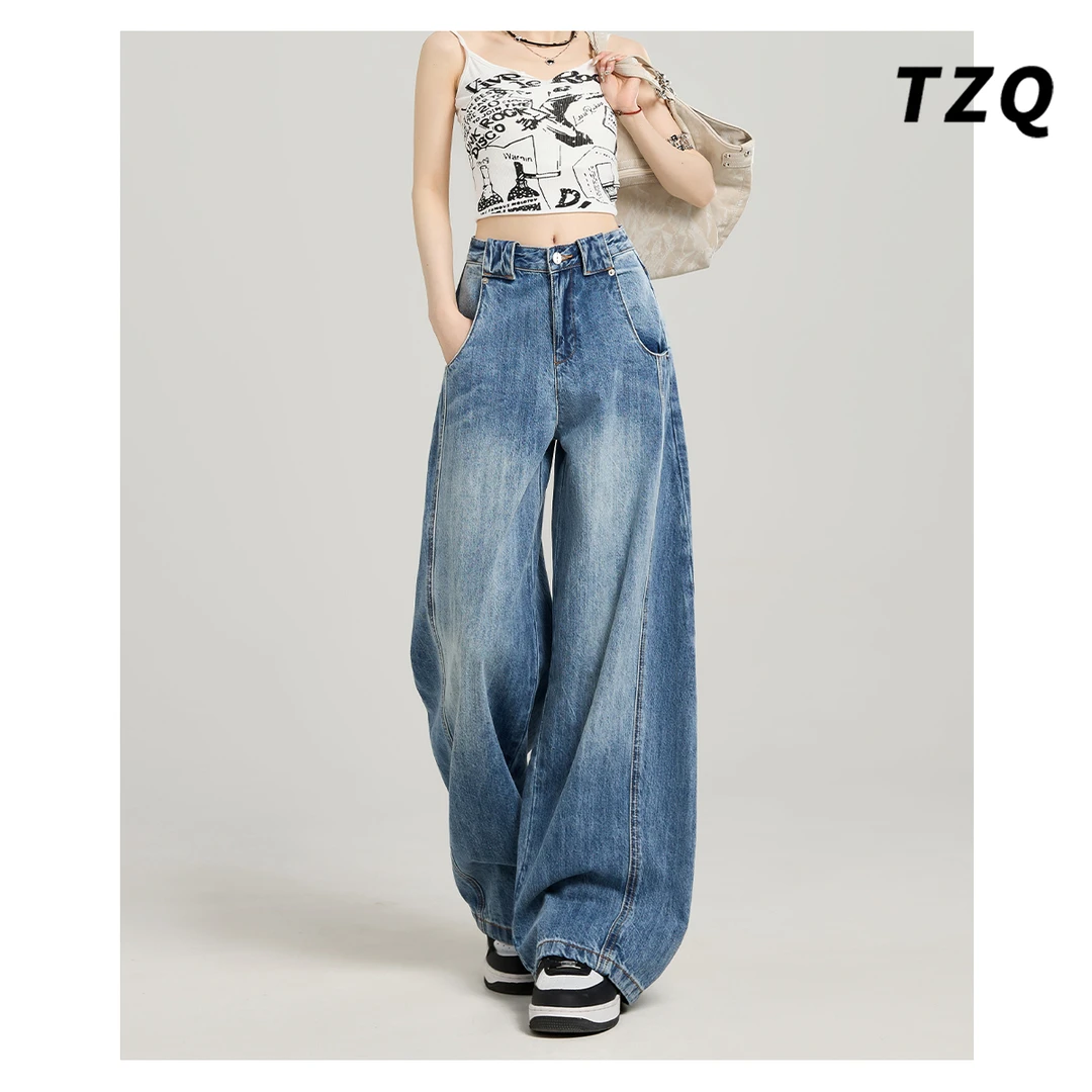 美式复古水洗竹节解构弯刀牛仔裤女夏季新款高腰阔腿裤TZQ2531520