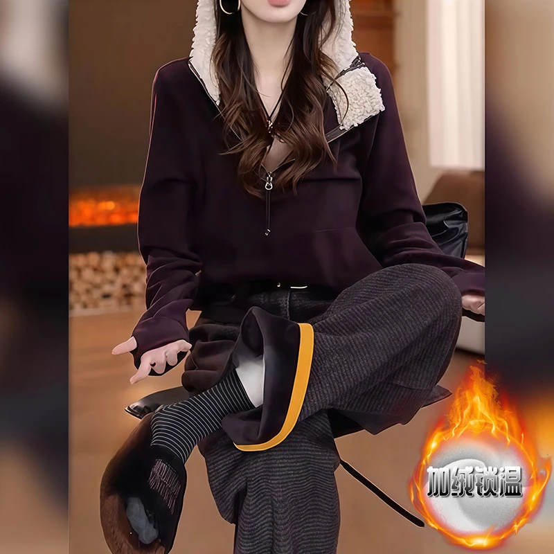 5915时尚新款宽松慵懒风卫衣秋冬加绒女装设计感连帽上衣