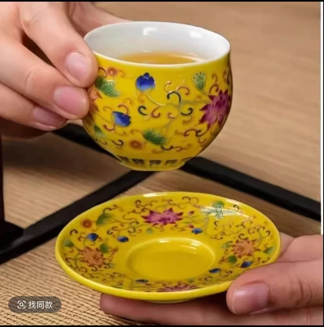 京隆堂珐琅黄茶杯加茶垫
