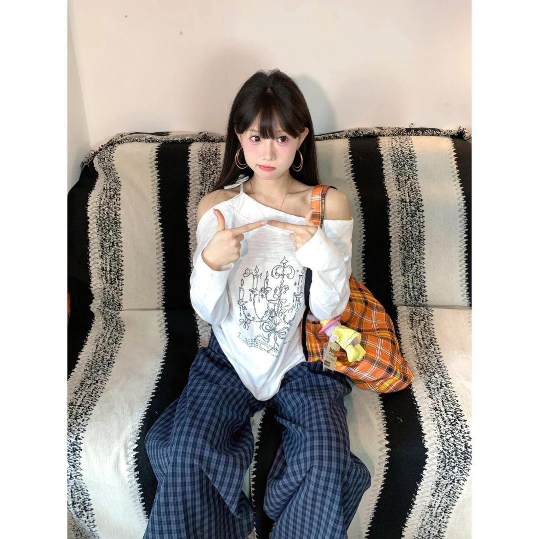韩系白色斜肩绑带印花长袖T恤上衣慵懒风格子宽松阔腿休闲裤套装