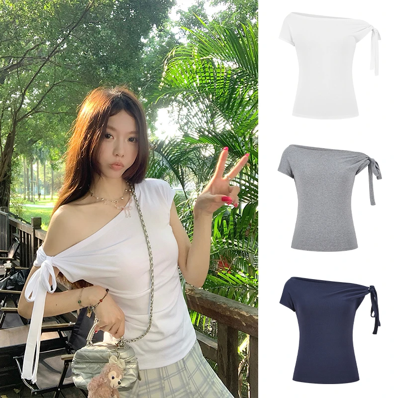 Moses Queen/魔西女王性感辣妹斜肩露肩上衣夏季收腰显瘦短袖t恤
