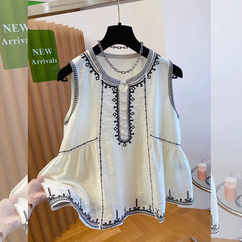 甜美新中式刺绣大码无袖衬衫女宽松复古设计感夏季新款显瘦娃娃衫
