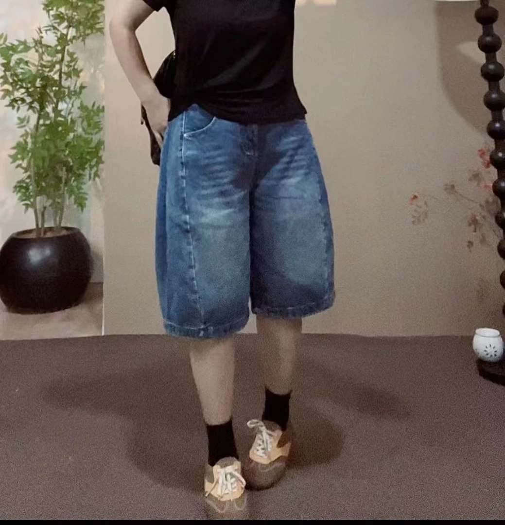 DD-夏季小众设计极简风牛仔六分弯刀裤宽松显瘦