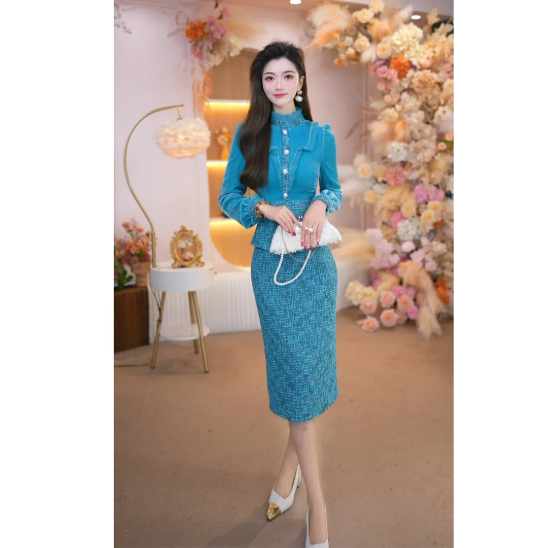 2025秋冬新款女装时尚高贵丝绒显瘦假两件长袖法式连衣裙25339L