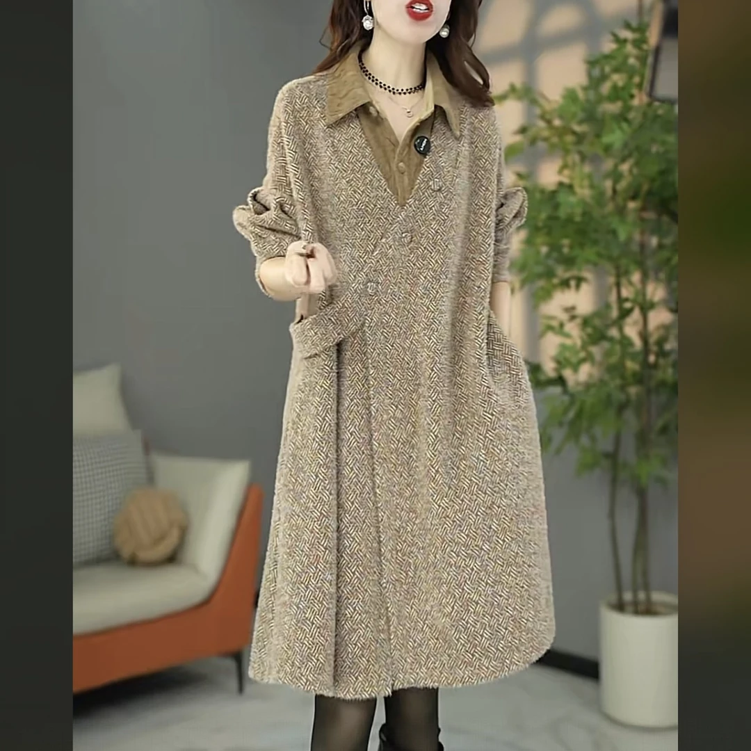 【连衣裙】原创设计师款冬季高货欧版加厚保暖假两件宽松遮肉连衣裙