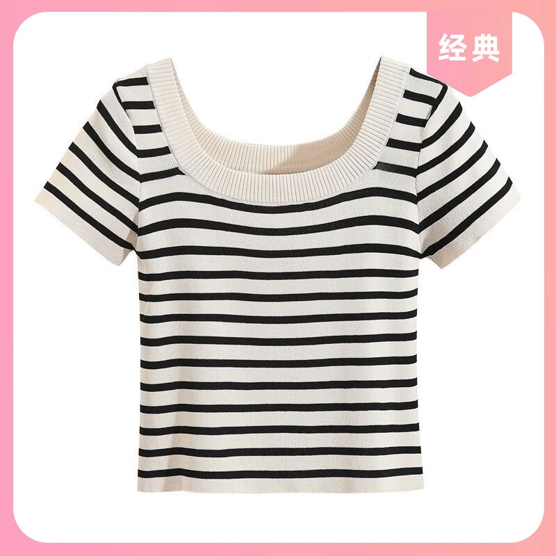 设计感气质冰丝针织女时尚百搭T恤法式上衣显瘦条纹夏季短袖修身