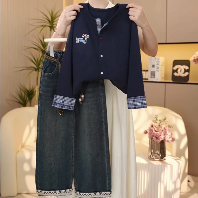 【糖宝魔豆】女童毛衣开衫套装2025秋季新款女孩卡通针织衫牛仔裤子