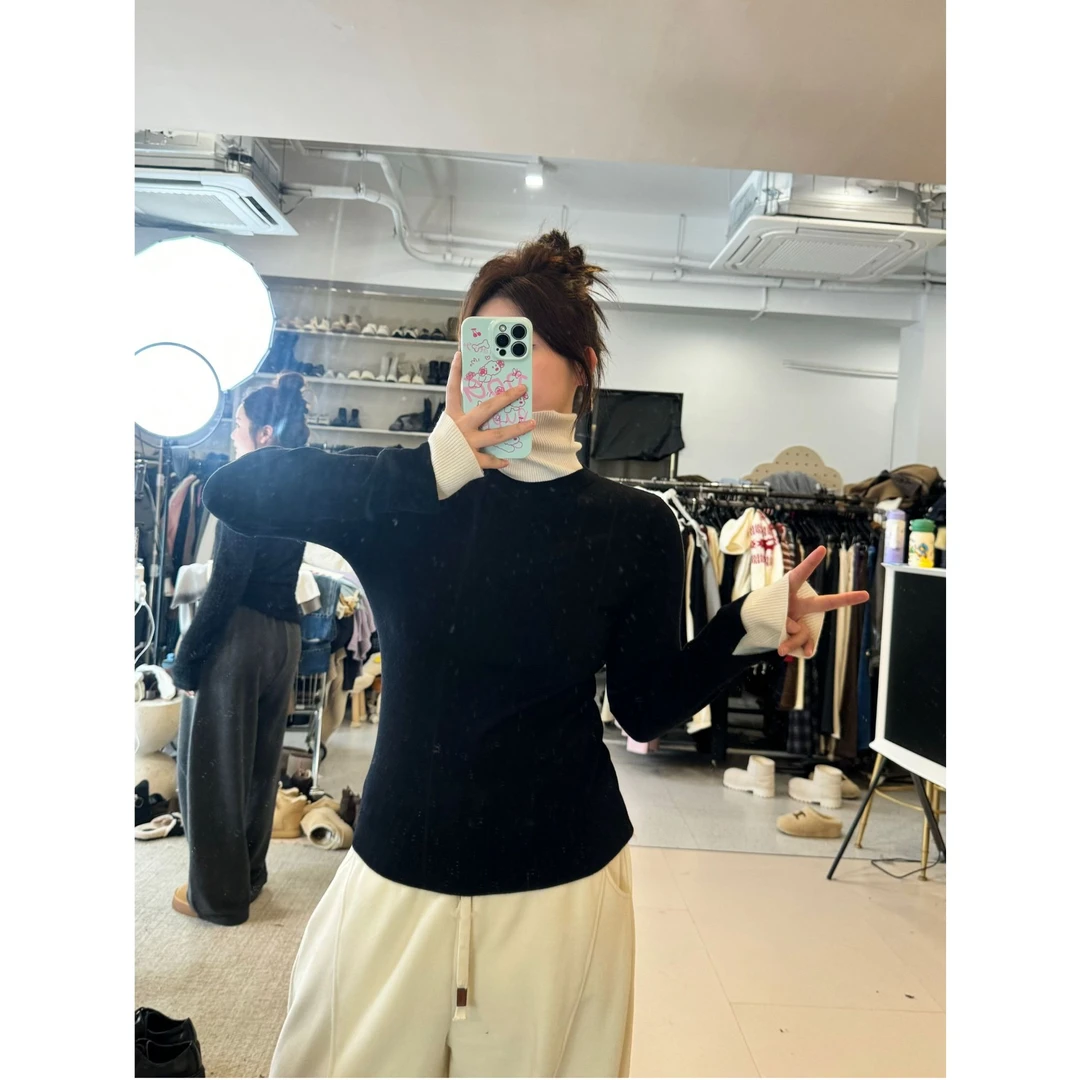 晶咕【拼接艺术！】设计感拼色假两件高领修身套头针织上衣