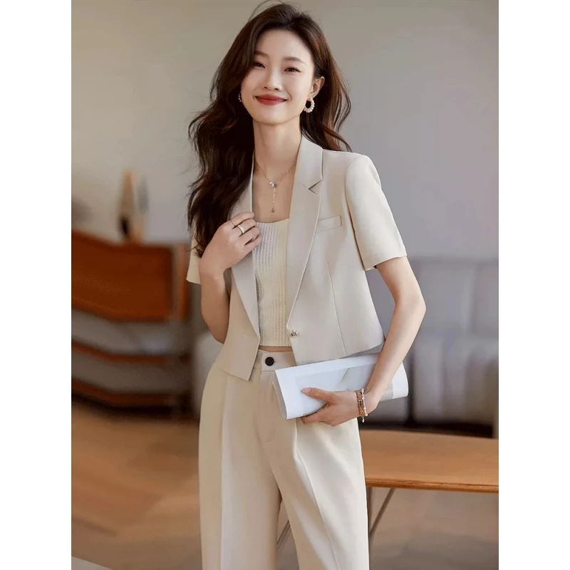 职业西装套装女夏季薄款2025新款高级感短款小个子短袖小西服外套