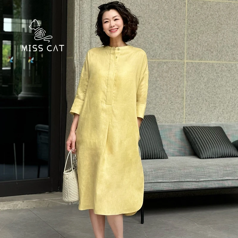 FELINE早呀猫小姐2025夏新气质立领五分袖亚麻连衣裙开叉百搭休闲