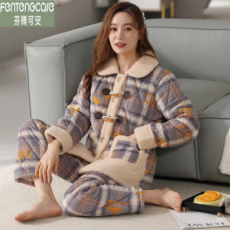 芬腾可安珊瑚绒三层夹棉袄睡衣女开衫冬款加绒加厚保暖宽松家居服