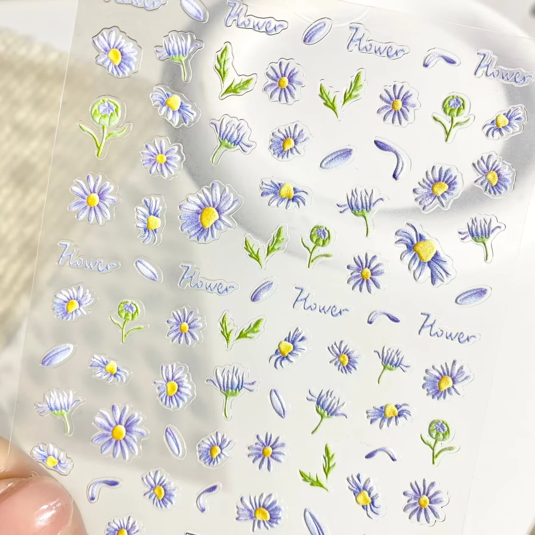春日油画田园小雏菊立体浮雕美甲贴纸清新花卉背胶防水指甲装饰贴