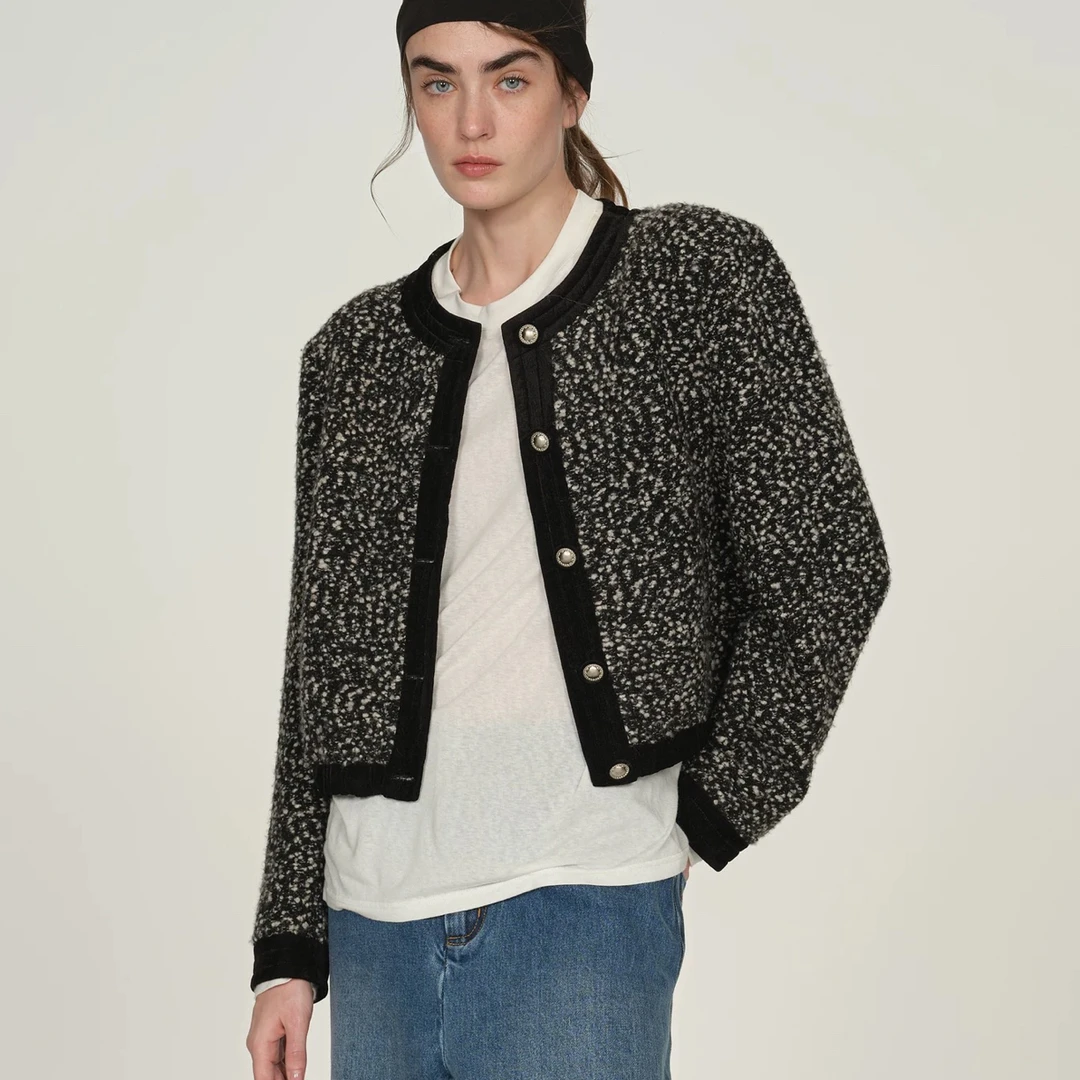 ICEDUST 丝绒拼接长袖短外套女25PF秋冬季新款羊毛小香风复古夹克