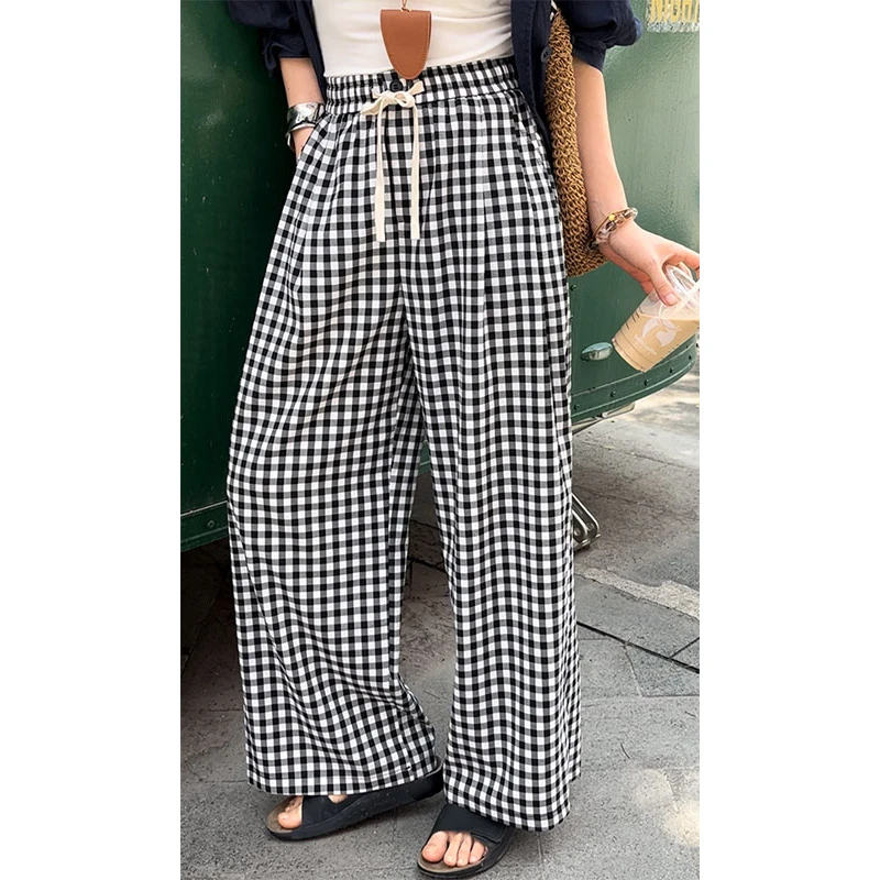 复古黑白格纹阔腿裤宽松松紧腰抽绳休闲裤显瘦宽腿裤松弛感格子裤