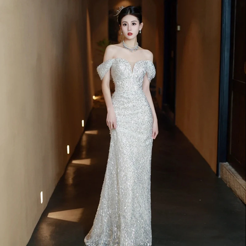 新款简约亮片婚纱法式小个子公主袖收腰鱼尾新娘长裙欧美东南亚