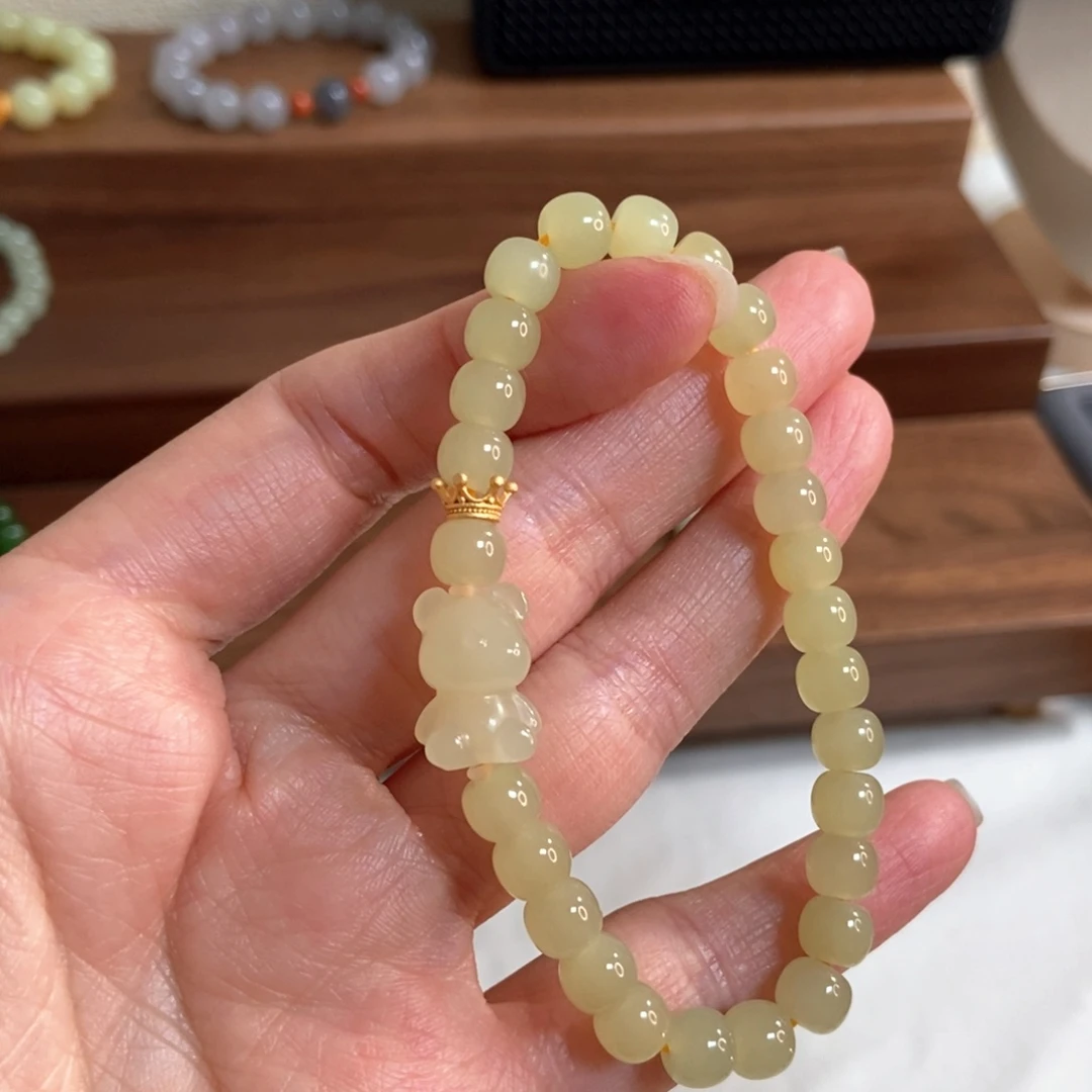 和田玉手链银S925镶嵌7mm老型黄口精品