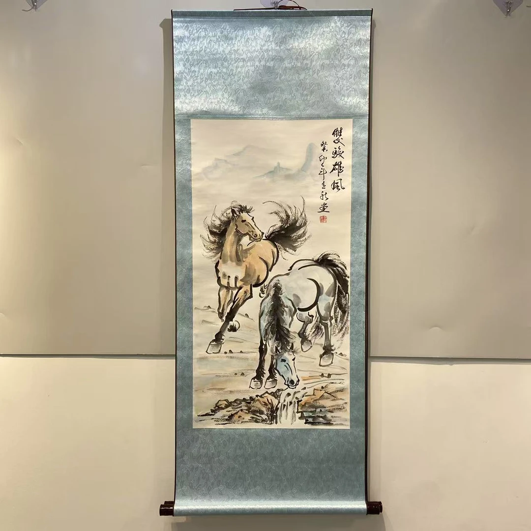 手绘《双骏雄风》纯手工装裱高130cm宽50cm