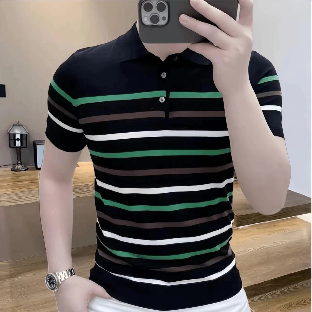 2025夏季新款潮流条纹修身百搭翻领冰丝薄款短袖T恤男半袖polo衫