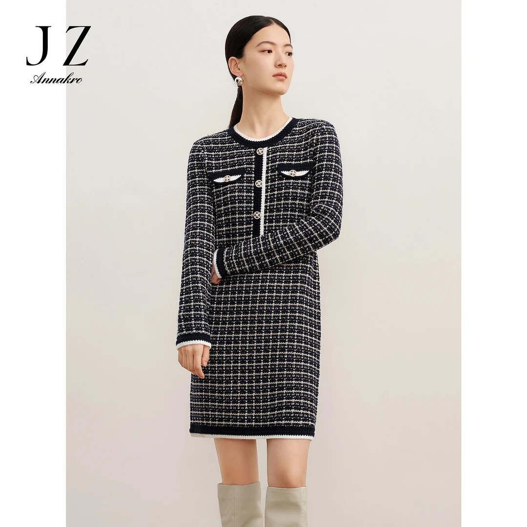 【繁星点点】玖姿安娜蔻浪漫小香风圆领连衣裙女2024冬JTDD31426